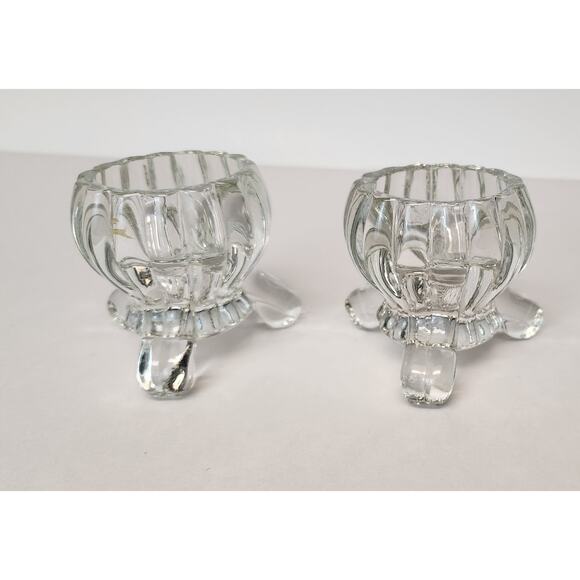 VTG 1950's Jeannette Clear Crystal Three Toe Candle Holder Set Taper & Votive - Picture 1 of 4